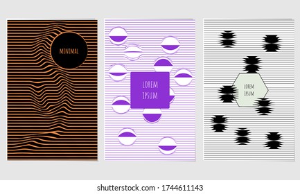 Antecedentes gráficos geométricos. Colección de cubiertas ópticas geniales. Líneas y formas abstractas onduladas. Conjunto de afiches con diseño gráfico moderno. Tapas minimalistas de diseño lineal. Plantillas de portada.