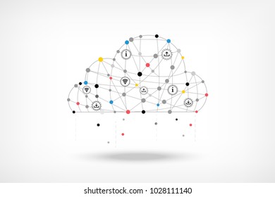 Geometric graphic cloud connected lines with dots. Colorful atom molecules DNA network abstract background. 
