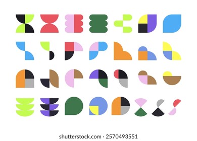 Geometric graphic design elements of various colors and shapes