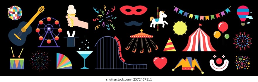 Geometric graphic isolated amusement park and holiday elements set in bold simple style. Festive symbols design collection for festival, carnival and birthday party. Circus show or funfair symbols