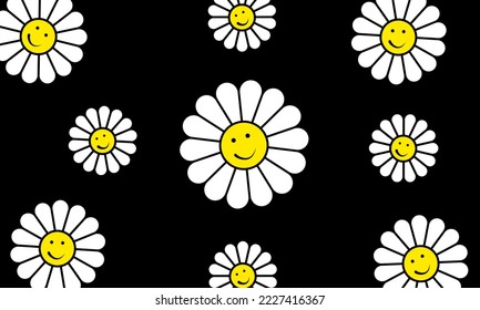 
Geometrisches Grafikmuster mit Blumen Frohes und lustiges Vektorbild mit lächelnden Gesichtern in leuchtenden Kamillenblumen. Retro und Hippie Ästhetik, Liebe und Frieden.