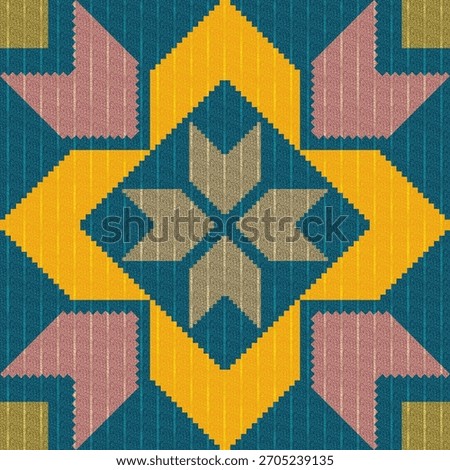 A geometric graphic pattern resembling woven silk, featuring yellow, blue, pink tones arranged in a symmetrical design like flowers and arrows, creating a tribal and contemporary Thai textile feel.
