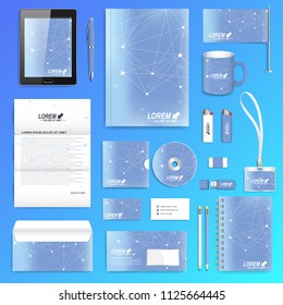 Geometric graphic set of vector corporate identity template. Business stationery mock-up. Scientific cybernetic background molecule and communication. Lines plexus. Minimal array with compounds
