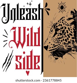 geometric graphic textile unleash wild side slogan and leopard face black background pattern abstract texture print