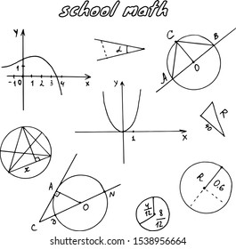 Geometric graphs, constructions and shapes. School handwritten doodle. Hand drawn vector illustration.