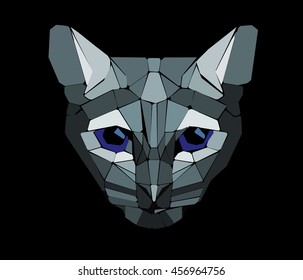 geometric gray cat head isolated on a black background, vector illustration