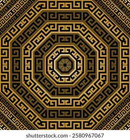 Geometric greece ancient style luxury gold 3d seamless pattern with mazes, greek key meander, hexagon, rhombus. Vector ornamental beautiful black and gold modern background. Endless texture. Element.