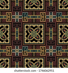 Patrón sin fisuras del vector geométrico griego. Resumen de antecedentes de estilo étnico tribal. Repita el colorido fondo de arcilla. Elegante ornamento escocés. marcos cuadrados griegos, líneas, flores, serpentines griegos.