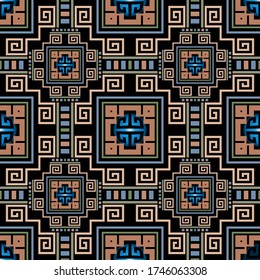 Geometric greek vector seamless pattern. Abstract tribal ethnic style background. Repeat colorful plaid backdrop. Ancient ornaments. Greek square frames, lines, mazes, shapes. Greek key meanders.