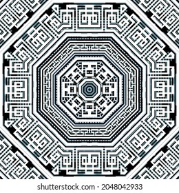 Geometric greek vector seamless pattern. Abstract textured background. Repeat grunge backdrop with mandalas, dotted lines, borders, frames. Greek key, meanders ornament. Modern ornate elegant design.