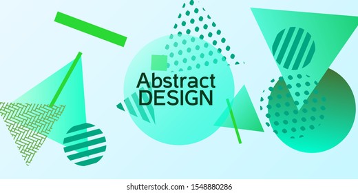 Geometric green abstract background with trendy isometric shapes. Minimal universal banner templates in memphis style. Minimalistic green background design with dynamic shapes. Vector illustration.
