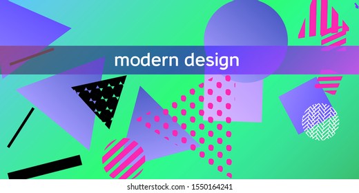 Geometric green abstract background with trendy isometric shapes. Minimal universal banner templates in memphis style. Minimalistic green background design with dynamic shapes. Vector illustration.