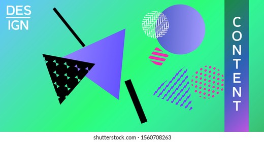 Geometric green abstract background with trendy isometric shapes. Minimal universal banner templates in memphis style. Minimalistic green background design with dynamic shapes. Vector illustration.
