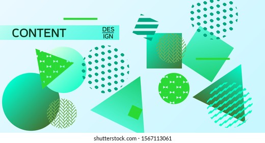 Geometric green abstract background with trendy isometric shapes. Minimal universal banner templates in memphis style. Minimalistic green background design with dynamic shapes. Vector illustration.