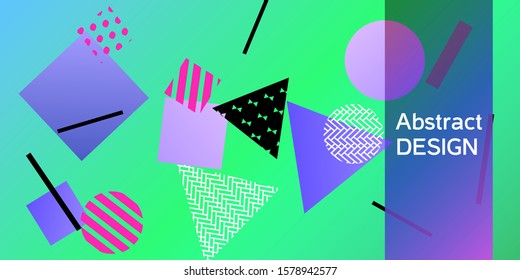 Geometric green abstract background with trendy isometric shapes. Minimal universal banner templates in memphis style. Minimalistic green background design with dynamic shapes. Vector illustration.