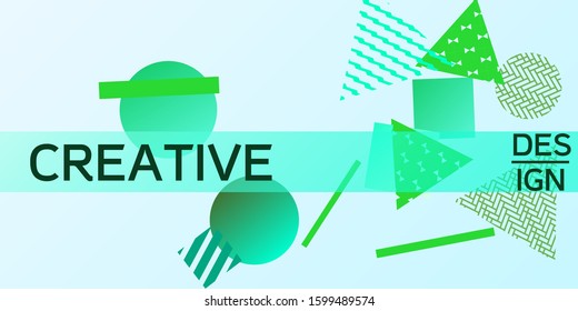 Geometric green abstract background with trendy isometric shapes. Minimal universal banner templates in memphis style. Minimalistic green background design with dynamic shapes. Vector illustration.