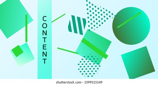 Geometric green abstract background with trendy isometric shapes. Minimal universal banner templates in memphis style. Dynamic composition. Vector illustration.