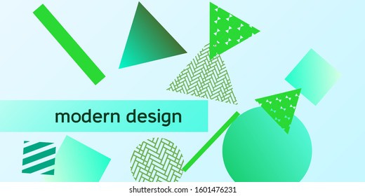 Geometric green abstract background with trendy isometric shapes. Minimal universal banner templates in memphis style. Minimalistic green background design with dynamic shapes. Vector illustration.