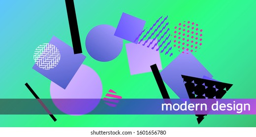 Geometric green abstract background with trendy isometric shapes. Minimal universal banner templates in memphis style. Dynamic composition. Vector illustration.