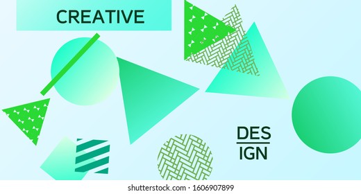 Geometric green abstract background with trendy isometric shapes. Minimal universal banner templates in memphis style. Dynamic composition. Vector illustration.