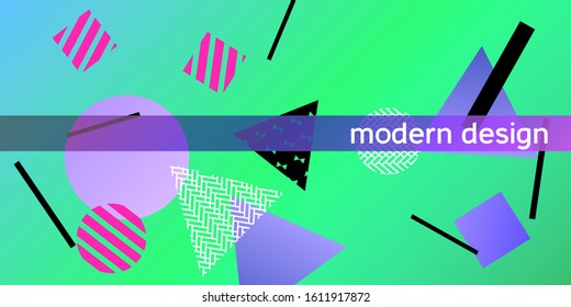 Geometric green abstract background with trendy isometric shapes. Minimal universal banner templates in memphis style. Minimalistic green background design with dynamic shapes. Vector illustration.