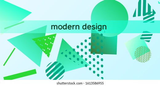 Geometric green abstract background with trendy isometric shapes. Minimal universal banner templates in memphis style. Dynamic composition. Vector illustration.
