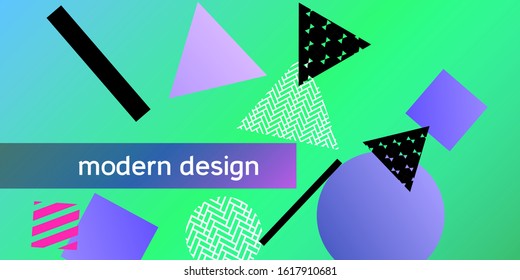 Geometric green abstract background with trendy isometric shapes. Minimal universal banner templates in memphis style. Minimalistic green background design with dynamic shapes. Vector illustration.