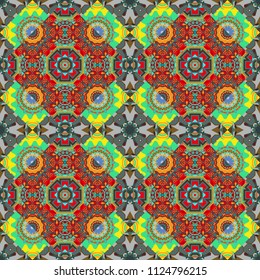 Geometric green, brown and blue flat seamless pattern.