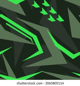 Geometric green camouflage seamless pattern with mesh elements. Abstract modern camouflage texture background. Template for printing sports vinyl wrap. Vector illustration			