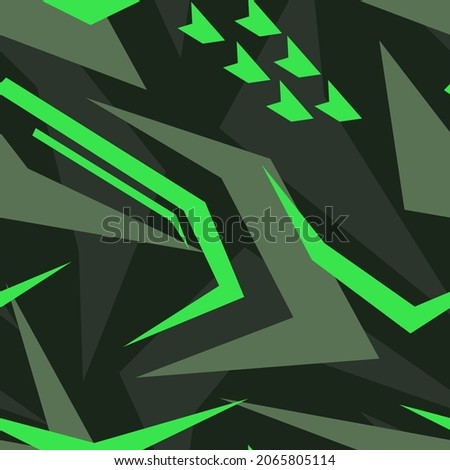 Geometric green camouflage seamless pattern with mesh elements. Abstract modern camouflage texture background. Template for printing sports vinyl wrap. Vector illustration			