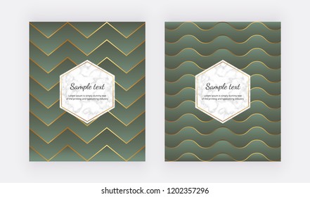 Geometric green covers design with golden lines and triangle shapes. Modern background with marble frame. Template for flyer, placard, party, social media, invitation, birthday, card, banner, poster
