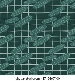 Geometric green cucumber seamless pattern on black background. Cucumbers vegetable endless wallpaper.  Vintage vector illustration