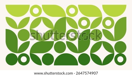 Geometric Green Eco Pattern in mid-century modern style with Leaf and Circle elements of Scandinavian minimalism. Swiss summer Poster with simple shapes on white background. Vector Eps10