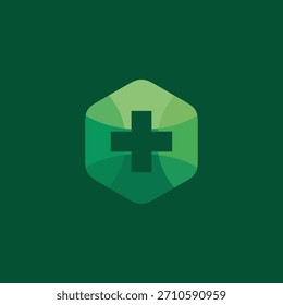 Geometric green hexagon icon featuring a prominent central cross, symbolizing health, wellness, nature, and positive addition. A clean and modern graphic element
