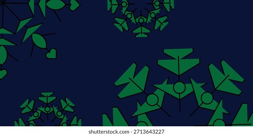 Patrón geométrico del caleidoscopio verde en fondo azul profundo para el diseño moderno