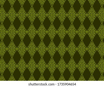 Geometric green knots repetion pattern set collage with dark green at background. Based in Celtic Art