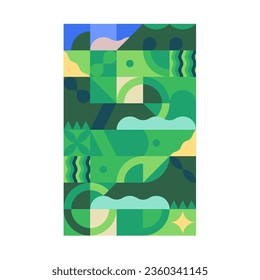 Geometric green landscape poster. Summer meadow, field in cubist art style for background. Round and squared shapes on card. Modern stylized vertical abstract cover. Geometry flat vector illustration