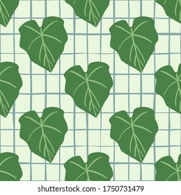 El patrón de las hojas geométricas verdes en el fondo de las líneas es transparente. Papel pintado de estilo plano. Diseño para tela, impresión textil, papel de envoltura, cubierta. Ilustración vectorial botánica.