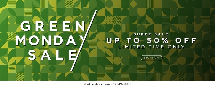 Geometric Green Monday Sale Banner up to 50% off limited time only with shop now CTA button. Monochromatic geometric patterned background. Vector Illustration. EPS 10.