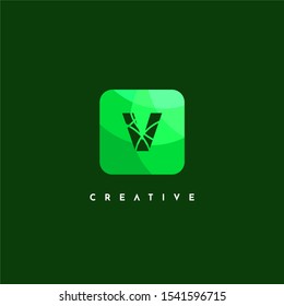 geometric green mono colors rounded square V logotype simple design concept isolated on dark green background.
