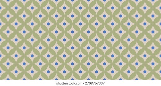Geometric green ogee and blue dot seamless tile pattern for modern background design contemporary style.