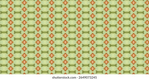 Padrão geométrico abstrato verde e laranja com simetria de diamante caleidoscópica. Ideal para têxteis, papéis de parede ou fundos digitais.