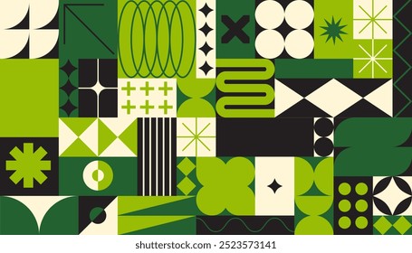  Fondo de impresión de patrón verde geométrico, patrón de Formas Bauhaus, fondos abstractos de neobrutalismo Bauhaus, diseño de moda de geometría moderna para tarjeta, invitación, Fondo de pantalla con lugar