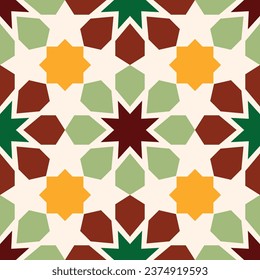 Geometric green red yellow Moroccan Zellige Seamless Pattern for decoration greeting card or interior. Vector Illustration.