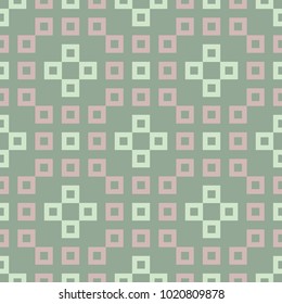 Geometric green seamless background with pink elements for wallpapers and textile