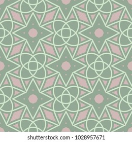 Geometric green seamless background with pink elements for wallpapers and textile