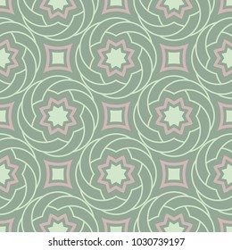 Geometric green seamless background with pink elements for wallpapers and textile