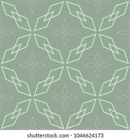 Geometric green seamless background with pink elements for wallpapers, textile and fabrics