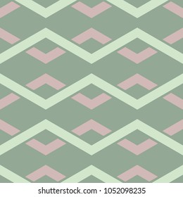Geometric green seamless background with pink elements for wallpapers and textile