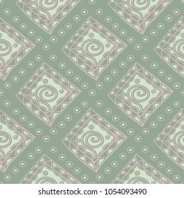 Geometric green seamless background with pink elements for wallpapers and textile